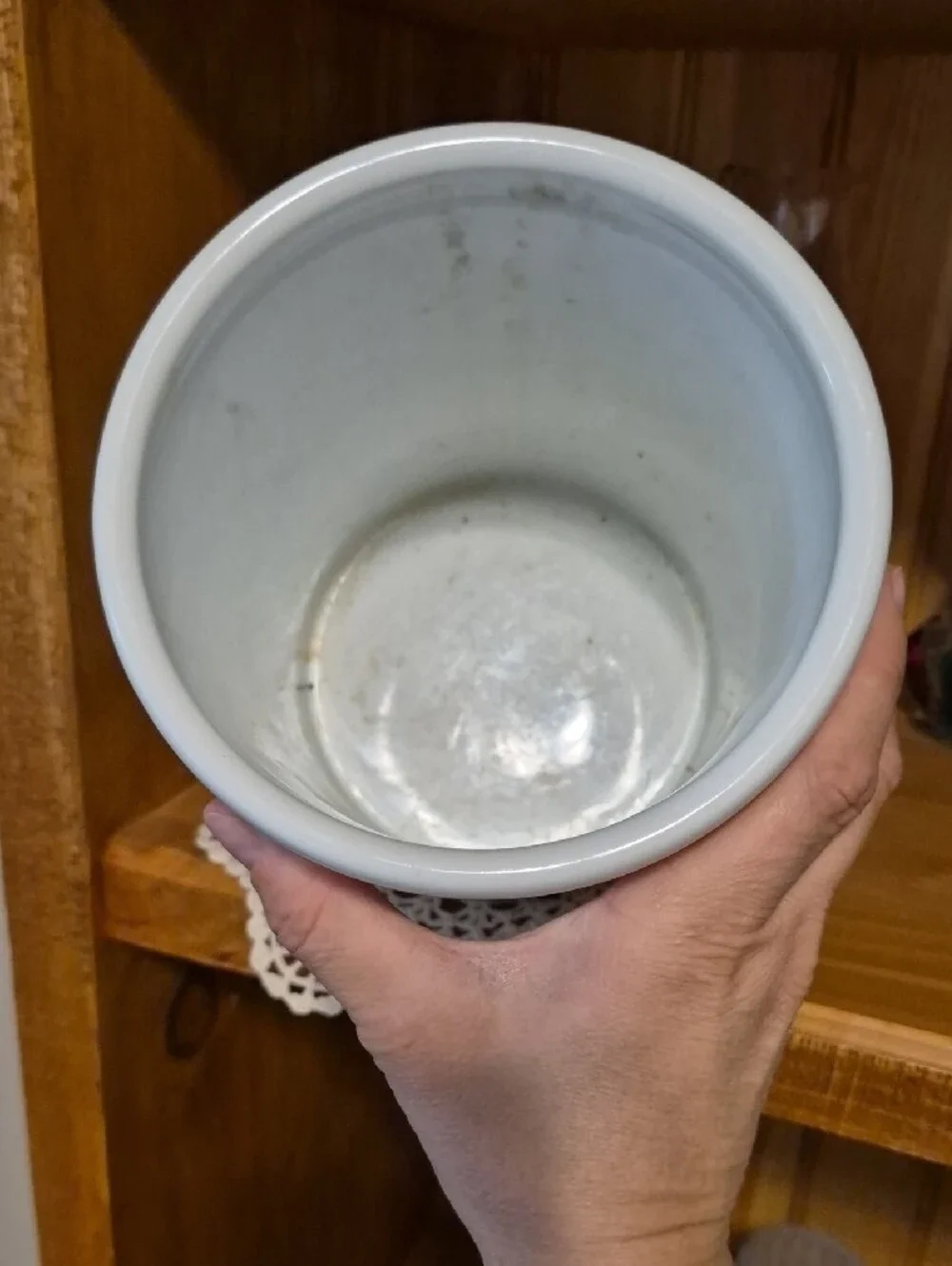 White Ceramic Crock with Rooster Motif